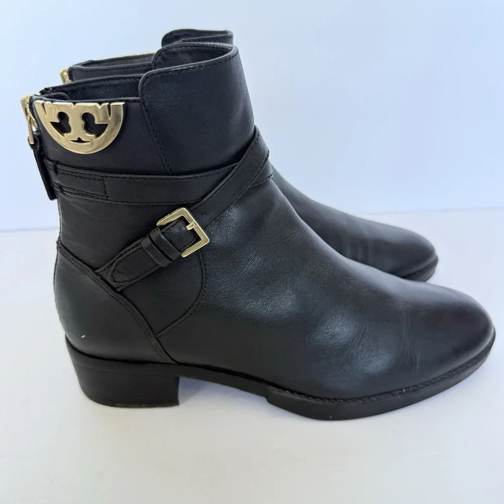 Tory Burch Sidney Women's Size 6M Leather Ankle Booties Black Gold Logo Harness